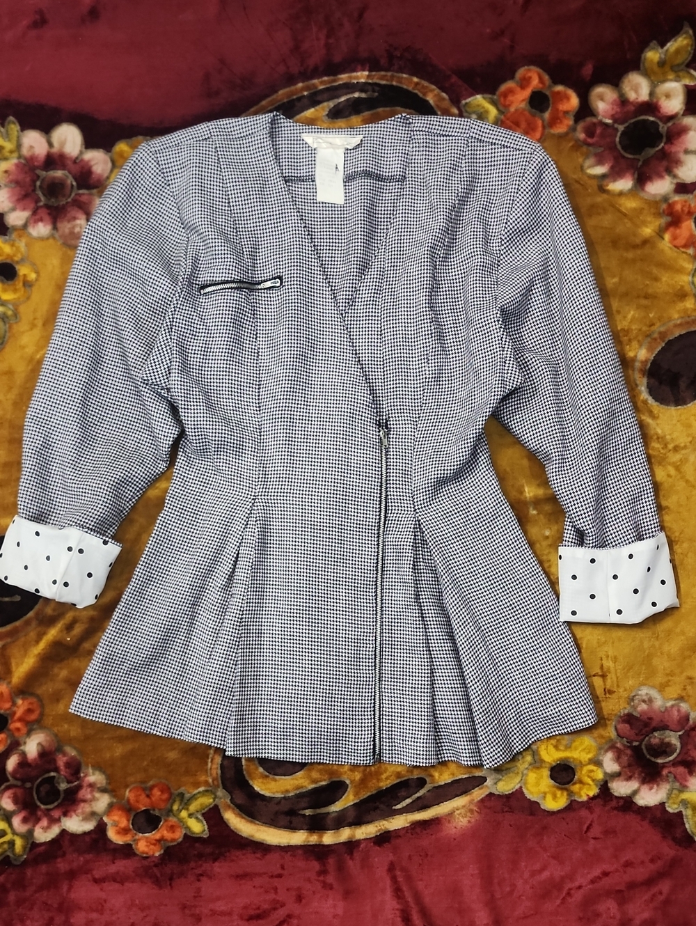 Rare!! 1980's Houndstooth Peplum Jacket with Polka Dot Cuffs